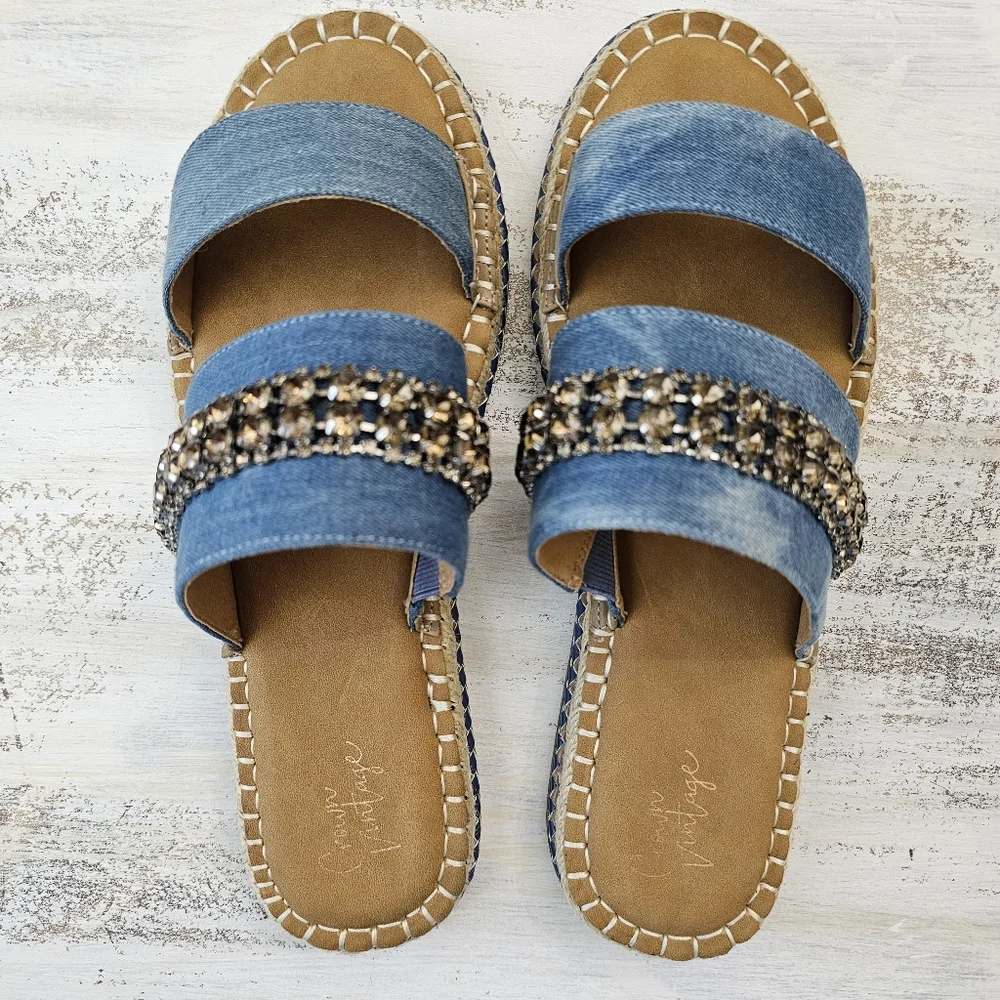 Nwob Crown Vintage Blue Denim Sandal Slides with Rhinestone Accent